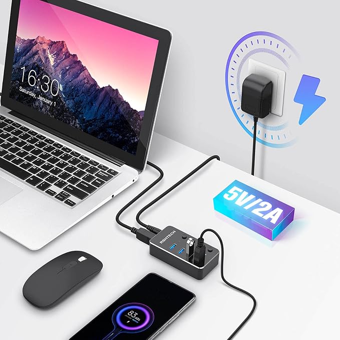 USB 3.0 Hub RSHTECH 4 Port Powered USB 3.0/USB C Hub Upgraded Version