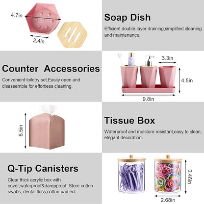 Pink Bathroom Accessories Set, 10 Pieces Bamboo Bathroom Set with Trash Can, Tray, Soap Dispenser, Soap Dish, Toothbrush Holder, Toothbrush Cup, Tissue Holder, Toilet Brush and Qtip Holders