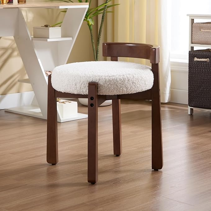DUOMAY Modern Boucle Vanity Stool, Upholstered Low Back Ottoman with Solid Wood Legs Cute Round Footrest Makeup Stool Dressing Seat for Living Room Bedroom, White