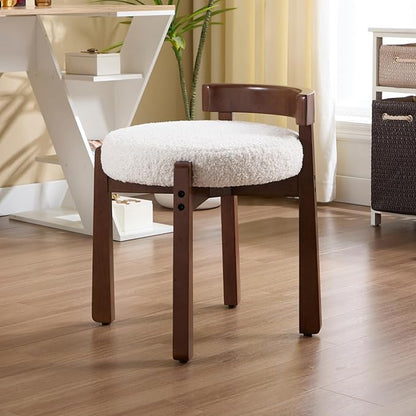 DUOMAY Modern Boucle Vanity Stool, Upholstered Low Back Ottoman with Solid Wood Legs Cute Round Footrest Makeup Stool Dressing Seat for Living Room Bedroom, White