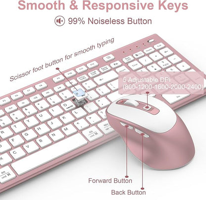 FENIFOX Wireless Keyboard and Mouse, Rechargeable USB C Combo Silent Quiet Compact Full Size Flat with Number Pad Soft Cover for Mac MacBook iMac Windows PC Laptop Computer Office - Pink & Rose Gold