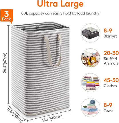 Lifewit 3 Pack Laundry Hamper Large Collapsible Laundry Baskets, Freestanding Waterproof Clothes Hamper with Easy Carry Handles in Laundry Room Bedroom Bathroom College Dorm for Adults, Black, 3 x 80L