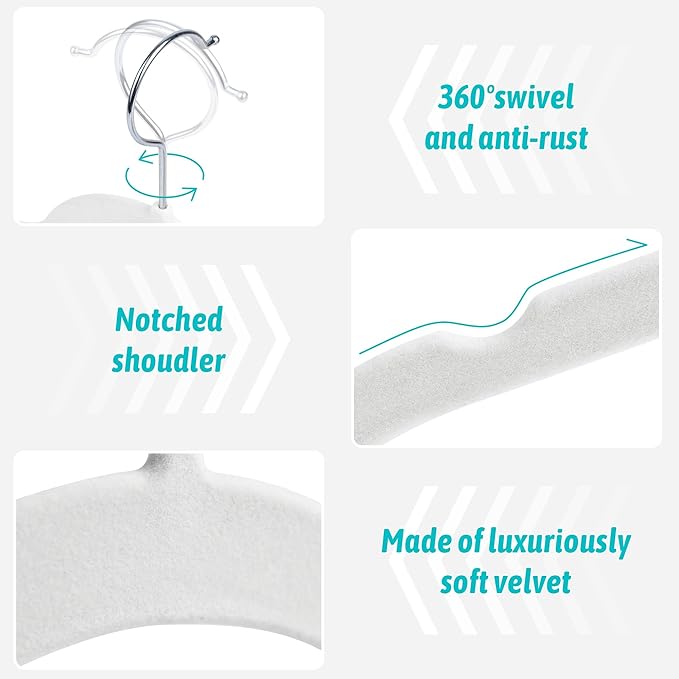 Premium Velvet Shirt Hangers 30 Pack, Non-Slip 360° Swivel Hook Slim Felt Hanger, Space Saving Flocked Hangers for Tank Tops, Blouses, Strappy Dresses(White)