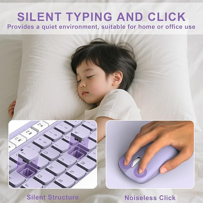 Wireless Keyboard and Mouse Combo, Full-Sized Wireless Keyboard and Adjustable DPI Mouse, 2.4GHz USB Receiver, Silent Keyboard and Mouse for PC, Windows, MAC, Desktop, Laptop(Purple)