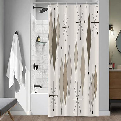Boho Light Grey Brown Shower Curtain Abstract Mid Century Diamond Geometric Atomic Starburst Pattern Beige for 1950s Retro Bathroom Decor Shower Curtain Set with 12 Hooks, 36x72 Inches