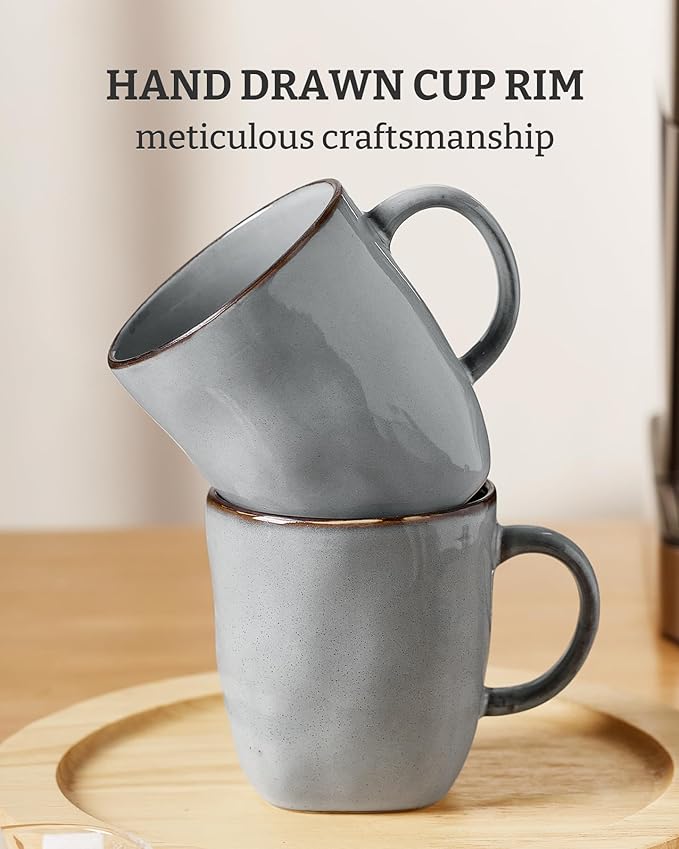 famiware Coffee Mugs Set of 4, Ocean Square 13oz Coffee Cup Set with Handle for Cocoa, Milk, Hot Chocolate, Tea, Water, Stoneware Cups for Kitchen, Microwave and Dishwasher Safe, Grey