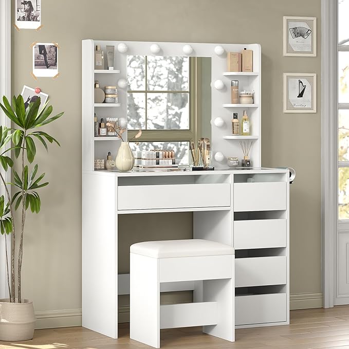 Vanity Desk with Mirror and Lights, 37" Makeup Vanity Desk with Lights 3 Colors, Glass Top Vanity with 5 RGB Drawers, 6 Shelves, Power Outlet, Chair, Dressing Table for Bedroom, White
