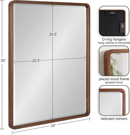Kate and Laurel McLean Modern Wood Framed Rounded Rectangle Wall Mirror, 24 x 30, Walnut Brown, Decorative Round Rectangular Mirror for Contemporary Wall Decor