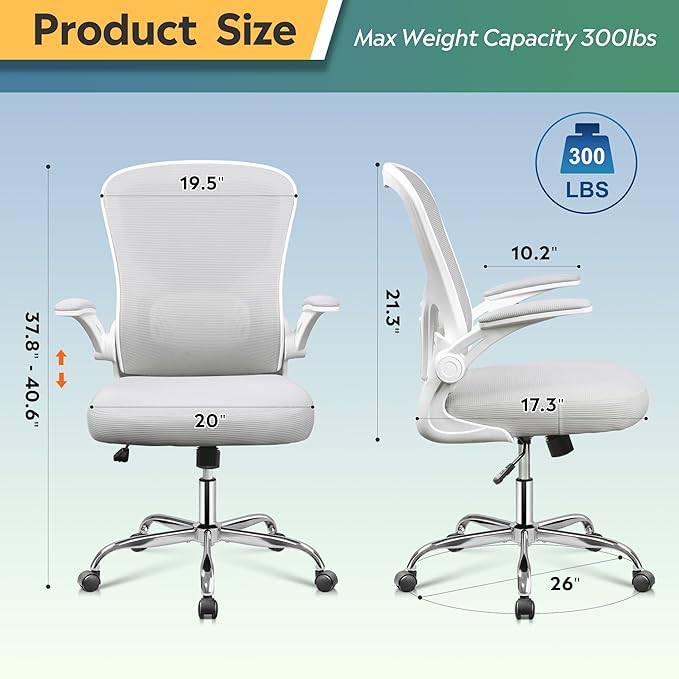 DEVAISE Office Chair Ergonomic Computer Desk Chair with Flip-up Armrests, Comfy Mesh with Adjustable Lumbar Support, White