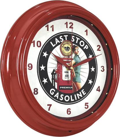 American Art Decor Last Stop Gasoline Pinup Girl LED Clock - 12" Wall Mounted American Gasoline Wall Decor - Wall Clock for Living Room, Dorm, Mancave, Garage, Office, Game Room (Red/White/Black)