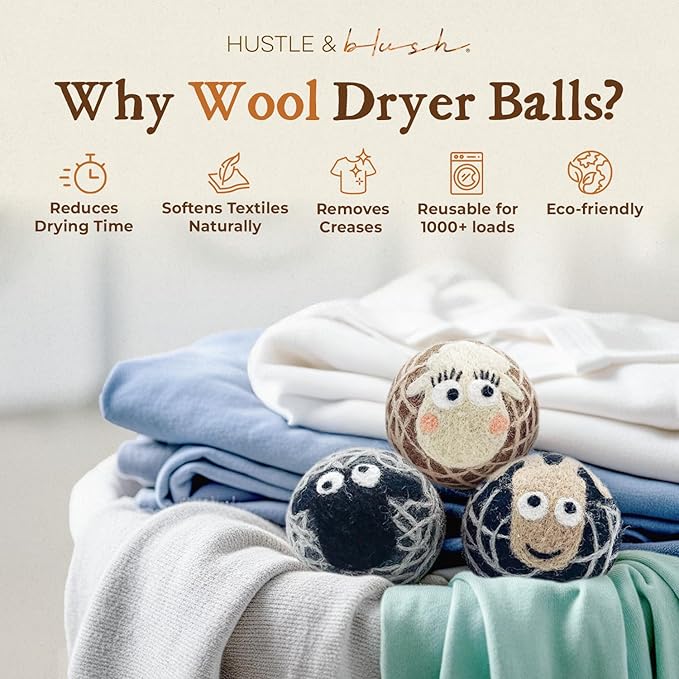 Fluff Ewes Wool Dryer Balls 3 Pack Premium New Zealand Wool Laundry Balls for Dryer, No Static Dryer Balls Laundry Reusable Cute - XL Wool Dryer Balls Cute, Baby Dryer Balls for Dryers - Darks