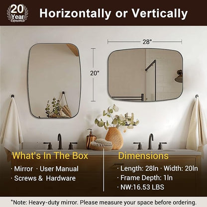 ANDY STAR 20x28 Black Bathroom Mirror, Oblong Vanity Mirror with Stainless Steel Metal Frame, Matte Black Mirror for Over Sink, Modern Anti Rust Wall Mounted