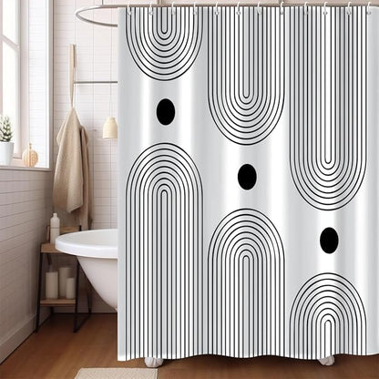 White and Black Extra Long Shower Curtain, Boho Minimalist Mid Century Modern Arch Geometric Machine Washable Waterproof Fabric for Bathroom Bathtub Decor with Hooks 72Wx84H