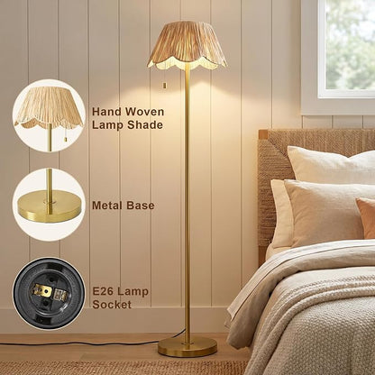 OYEARS 65" Boho Floor Lamps for Living Room, Rattan Floor Lamp, Pull Chain Switch, Gold Standing Lamp with Hand-Woven Shade, Farmhouse Tall Lamps for Nursery, Metal Base&Pole, Bulb not Included, Gold