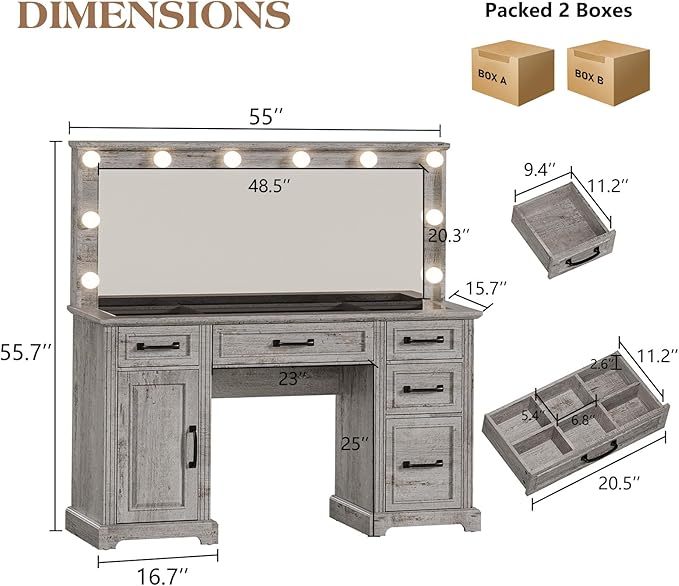 55'' Farmhouse Vanity Desk with Mirror and Lights, Large Makeup Table with Charging Station, Glass Tabletop & 5 Drawers, Rustic Dressing Table for Bedroom, Light Grey