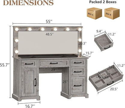 55'' Farmhouse Vanity Desk with Mirror and Lights, Large Makeup Table with Charging Station, Glass Tabletop & 5 Drawers, Rustic Dressing Table for Bedroom, Light Grey