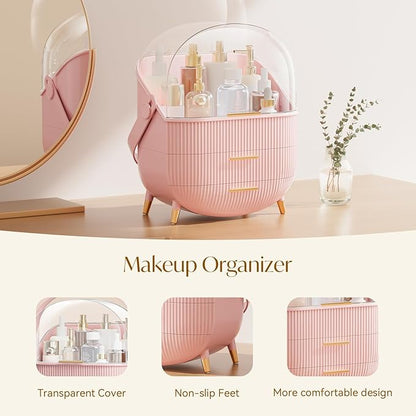 Makeup Organizers, Make Up Organizers for Vanity, Countertop Cosmetic Storage with Drawers and Transparent Cover for Bedroom Bathroom(Pink)