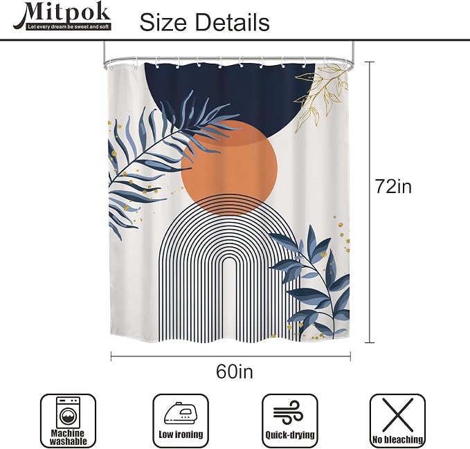 Navy Blue Boho Shower Curtain 60Wx72H Modern Abstract Bohemian Blue Gold Leaves Orange Minimalist Mid Century Plant Arch Bathroom Decor Neutral Geometric Bath Curtain Polyester 12 Pack Hooks