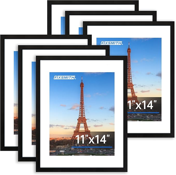 FIXSMITH 11x14 Picture Frame Bulk-6 Pack, Photo Frame with HD Plexiglass, Display Pictures 8x10 with Mat or 11x14 Without Mat, Black Picture Frames Collage Wall Decor