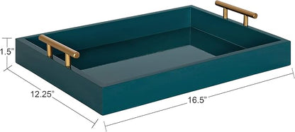 Kate and Laurel Lipton Mid Century Modern Decorative Wood Tray with Brushed Gold Metal Handles, Dark Teal