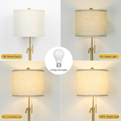Qingmiao Modern Floor Lamp for Living Room, Adjustable Height Standing Lamp with Marble Base, Gold Tall Pole Light with Linen Shade for Reading Bedroom, Chain Switch, 8W 3-Way Dimmable Bulb Included