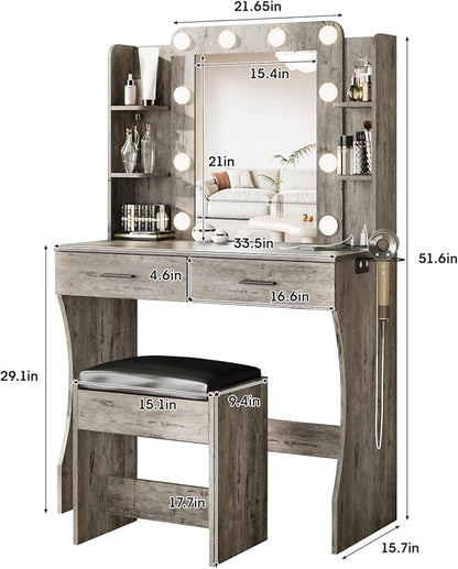 Maupvit Vanity Desk with Mirror and Lights,Makeup Vanity Table Set with Power Outlet,3 Lighting Modes & Adjustable Brightness Dressing Table with 2 Drawers for Bedroom Dressing Room,Light Oak Grey