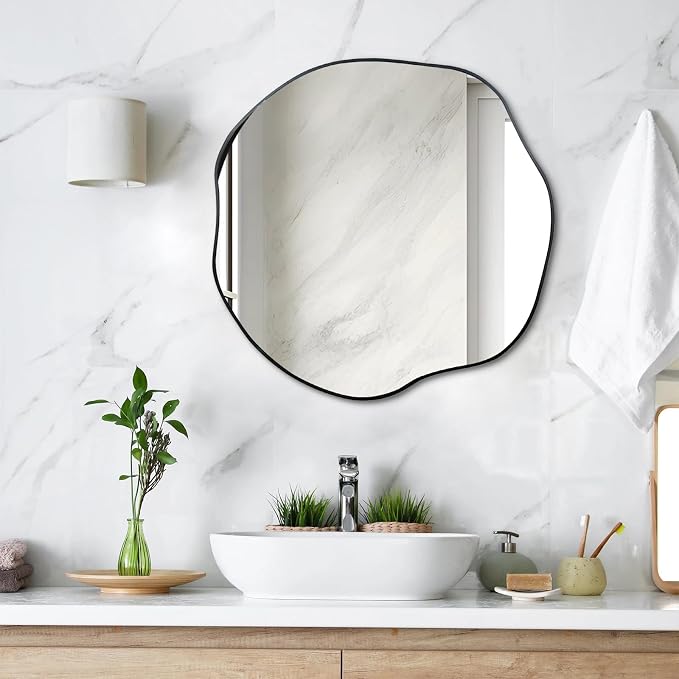 POZINO Scalloped Irregular Wall Mirror, 20" Asymmetrical Frameless Art Deco Mirror, Wavy Decorative Accent Mirrors for Entryway Fireplace Living Room Hallway, Horizontal or Vertical Hanging