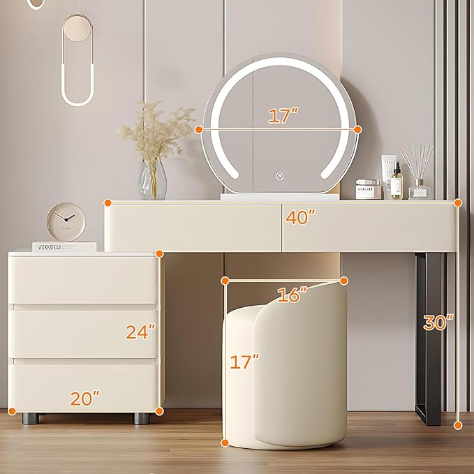 Solid Wood Vanity Desk, Modern Makeup Vanity with Drawers & Rock Slab Countertop and LED Light Mirror, Simple Dressing Table with Makeup Stool for Bedroom (White)