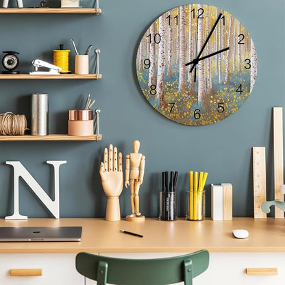 Trees Yellow Blue Forest Painting Art Style Wall Clock Battery Operated Non-Ticking 10" Round Wood Clocks, Kitchen Wall Clock for School Bathroom Living Room Home Office Wall Decor