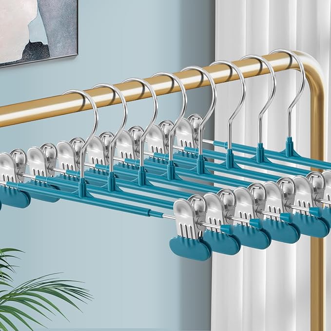 Clothes Pants Hangers with Wide Clips 10 Pack,Non-Slip Adjustable Skirt Hanger for Women,Space-Saving Heavy Duty Men Hangers for Pants,Trousers,Jeans,Shorts 12Inch Blue