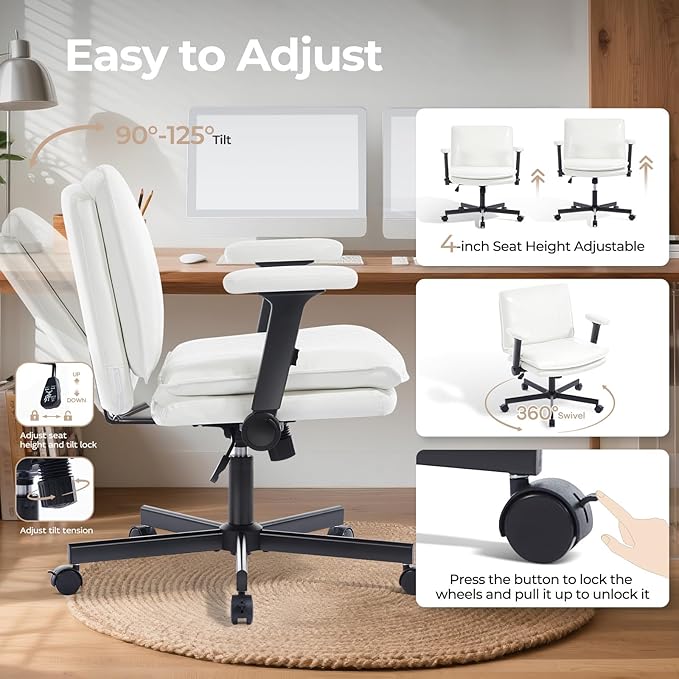 Criss Cross Chair with Flip-Up Arms and Lockable Wheels, Leather Cross Legged Office Desk Chair，Wider 125°Tilting Adjustable Swivel Computer Chair for Home, Apartment, Bedroom,White