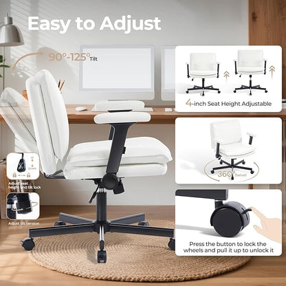 Criss Cross Chair with Flip-Up Arms and Lockable Wheels, Leather Cross Legged Office Desk Chair，Wider 125°Tilting Adjustable Swivel Computer Chair for Home, Apartment, Bedroom,White