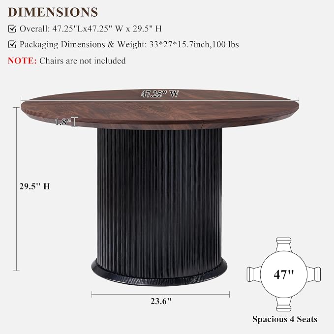 T4TREAM 47" Fluted Round Dining Table for 4-6, Mid-Century Modern Kitchen Table with Thickened Edge & Cylindrical Base for Dining Room, Kitchen, Living Room,Walnut & Black(Table Only)