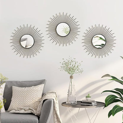 3 Pack Metal Mirrors for Wall Sunburst Wall Mirrors Home Décor Decorative Hanging Wall Art for Living Room Bedroom Entryway (Black2, Sunburst)