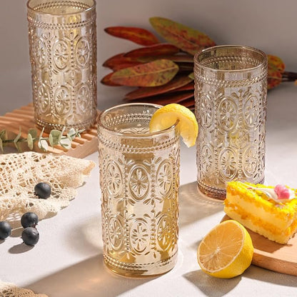 Darlion 6 Pack Highball Beverage Glass Cup, 12oz Amber Glassware Drinking, Vintage Embossed Drinking Glasses, Old Fashioned Glass for Party Wedding Home Office and Gift