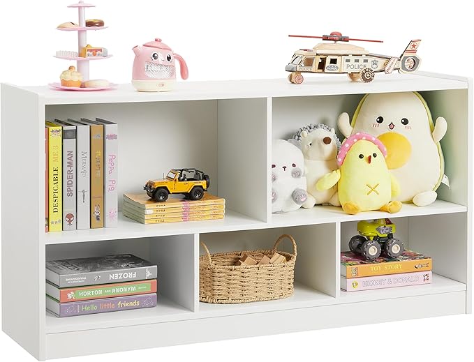 Kids Toy Storage Organizer, 5-Section Storage Cabinet for Organizing Books Toys, Wooden Bookshelf Daycare Furniture for School, Classroom Playroom, Nursery, Kindergarten (White)