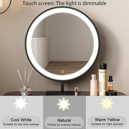 Lartis Makeup Vanity, with LED Makeup Mirror, Three Adjustable Light Levels, Tempered Teal Glass countertop,White Wax Wood Makeup Stool
