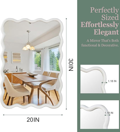30x20 Inch Wooden Wavy Rectangle Wall Mirror, Modern Solid Wood Frame Decorative Accent Mirror for Bedroom, Bathroom, Living Room, Entryway, White