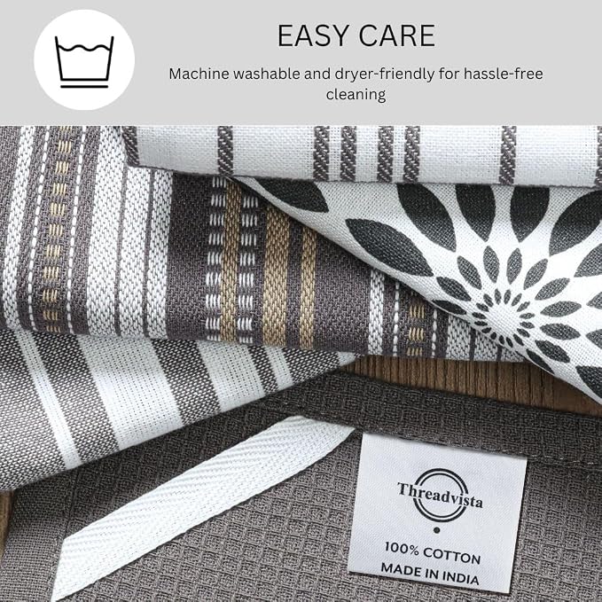 Assorted Kitchen Towels 100% Cotton Large 16x26 Inch Set of 5 - Soft Highly Absorbent Durable Reusable - Perfect for Drying Cleaning Everyday Kitchen Use - Quick Drying Dish Towels Grey
