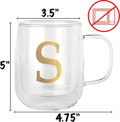 COLLECTIVE HOME - Double Walled Glass Coffee Mugs, Insulated Coffee Mug with Handle, Personalized Gifts for Women, Men, Christmas, 14 oz Monogram Cups (S)