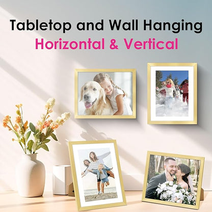 FIXSMITH 8x10 Picture Frame Set of 2, Gold Picture Frames Collage for Tabletop or Wall Display, Photo Frame with HD Plexiglass, Display Pictures 5x7 with Mat or 8x10 Without Mat