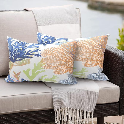 Outdoor/Indoor Lumbar Pillows, Water Repellent Cushion Pillows, 12x20 Inch, Outdoor Pillows with Inserts for Home Garden, Pack of 2, Coral Multi