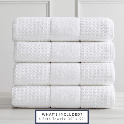 Market & Place 100% Cotton Super Soft Luxury Bath Towel Set | Quick-Dry and Highly Absorbent | Waffle Textured | 550 GSM | Includes 4 Bath Towels | Harper Collection (White)