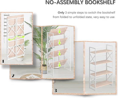 4NM 4 Tiers No Assembly Book Shelves, 41.3" H Folding Bookshelf Bookcase Open Industrial Foldable Shelves for Bedroom, Living Room, Home Office - Natural White