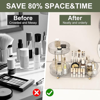 DASITON 360° Rotating Makeup Organizer for Vanity, 2 Tier Perfume Cosmetic Skincare Organizers with Makeup Brush Holder, Large Capacity Cosmetic Display Case for Bedroom Bathroom Countertop (Clear)