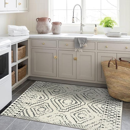 Wonnitar Moroccan 3x5 Area Rug, Washable White Non-Slip Entry Rug, Farmhouse Rustic Small Living Room Rug Tribal Non-Shedding Throw Mat Indoor Floor Carpet for Kitchen Bedroom Mud Room (Beige,3'x5')