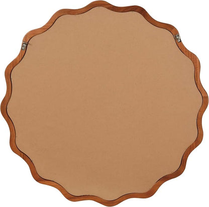 36 Inch Wooden Wavy Round Wall Mirror, Modern Solid Wood Frame Circle Decorative Accent Mirror for Bedroom, Bathroom, Living Room, Entryway, Yellowish Brown