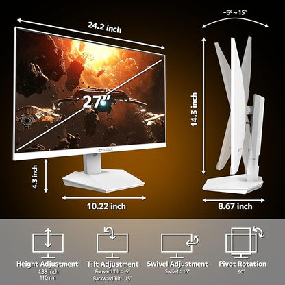 CRUA 27” Gaming Monitor, IPS UHD 3840x2160 4K 160Hz / FHD 320Hz Dual Mode White Computer Monitor, Rotating/Pivot & Height-Adjustable, AMD FreeSync, Built-in Speakers, PIP/PBP, HDMI 2.1 & DP 1.4