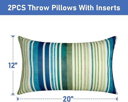 Pack of 2 12x20 Outdoor Pillows, Waterproof Throw Pillows with Inserts, Decorative Lumbar Pillows for Patio, Garden, Couch, Furniture, Sofa, Bed, Living Room(Stripe Blue Green)