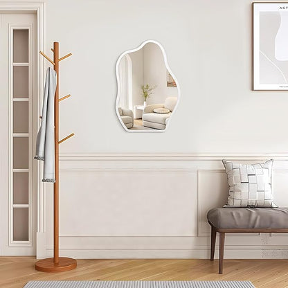 Irregular Cloud Mirror Modern Wood Frame Wall Mirrors Unique Shape Asymmetrical Wall Vanity Artistic Decor for Bedroom Bathroom Entryway Hallway Living Room Small White